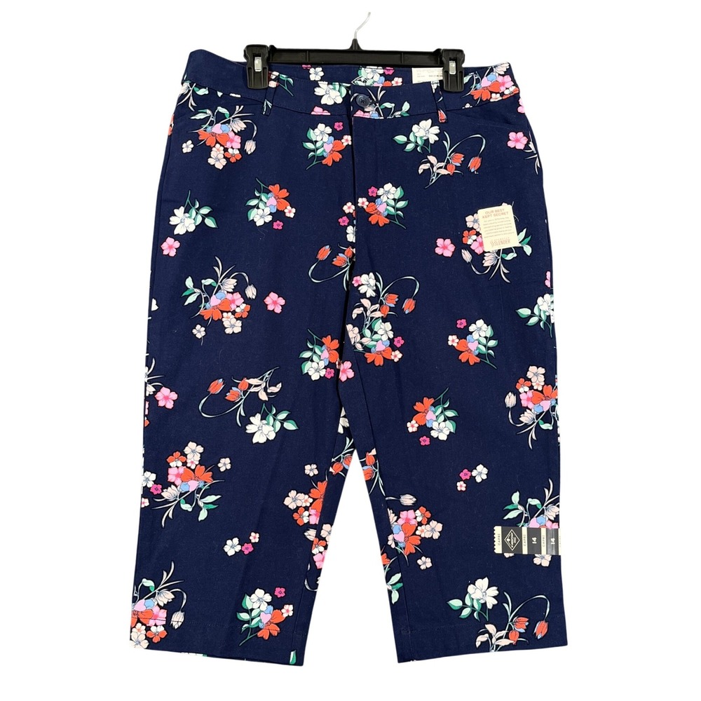 St Johns Bay Capri Pants Womens 14 Navy Floral Mid Rise Easy Fit Summer NWT